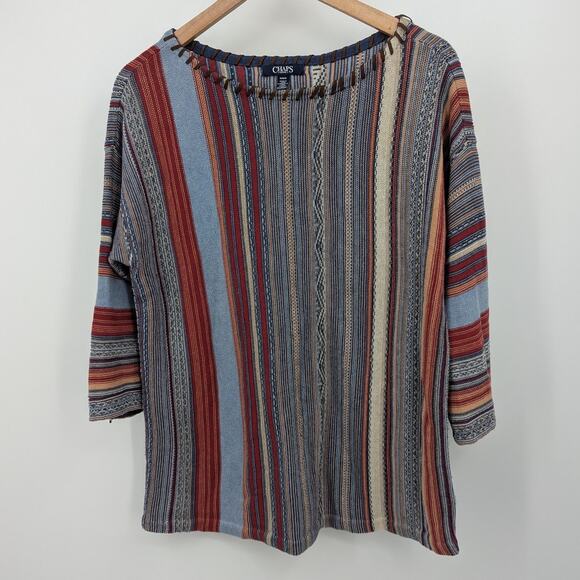 Chaps Denim Sweater M Multicolor Stripe Boho Top 3/4 Sleeve Peruvian Preppy Cozy - Picture 1 of 5